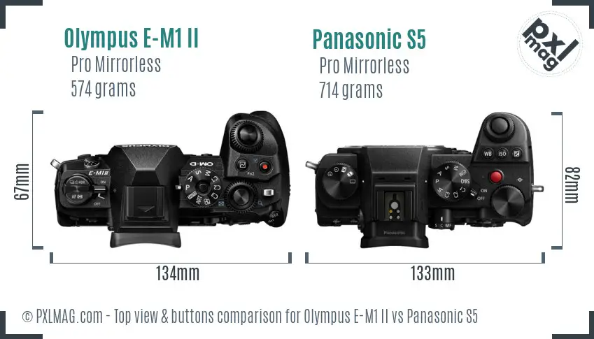 Olympus E-M1 II vs Panasonic S5 top view buttons comparison