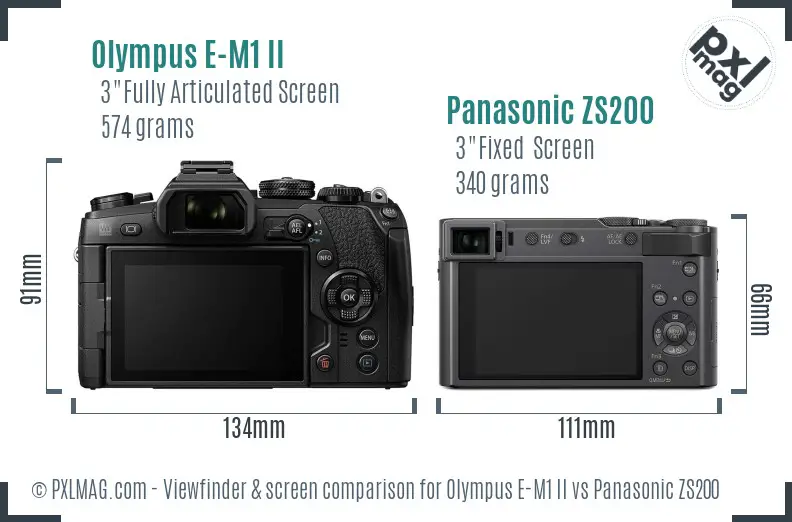 Olympus E-M1 II vs Panasonic ZS200 Screen and Viewfinder comparison