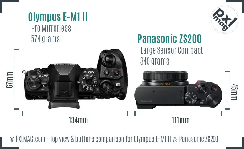 Olympus E-M1 II vs Panasonic ZS200 top view buttons comparison