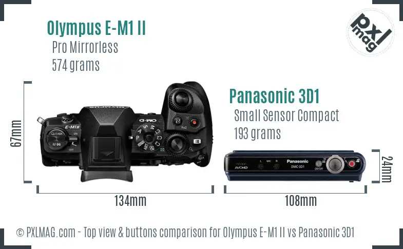 Olympus E-M1 II vs Panasonic 3D1 top view buttons comparison