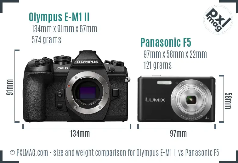 Olympus E-M1 II vs Panasonic F5 size comparison