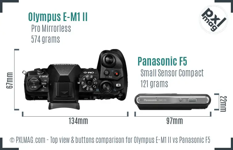 Olympus E-M1 II vs Panasonic F5 top view buttons comparison