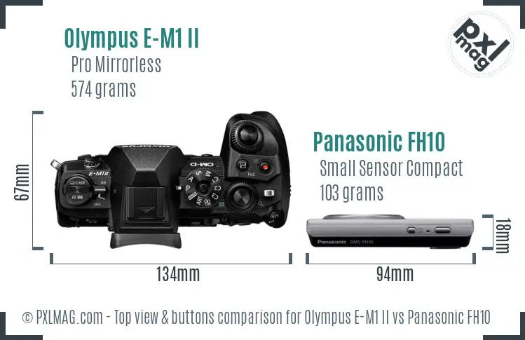 Olympus E-M1 II vs Panasonic FH10 top view buttons comparison