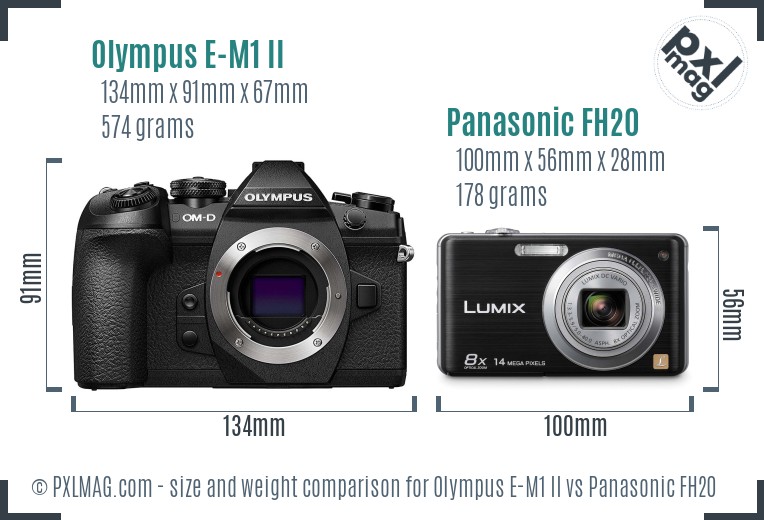 Olympus E-M1 II vs Panasonic FH20 size comparison