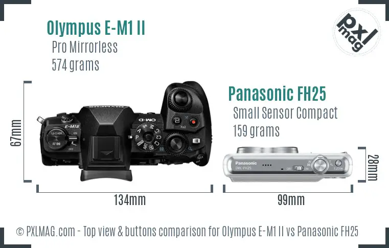 Olympus E-M1 II vs Panasonic FH25 top view buttons comparison