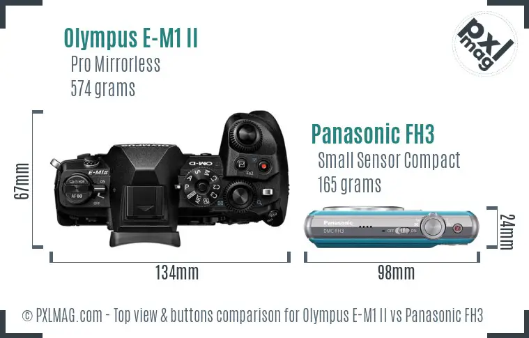 Olympus E-M1 II vs Panasonic FH3 top view buttons comparison