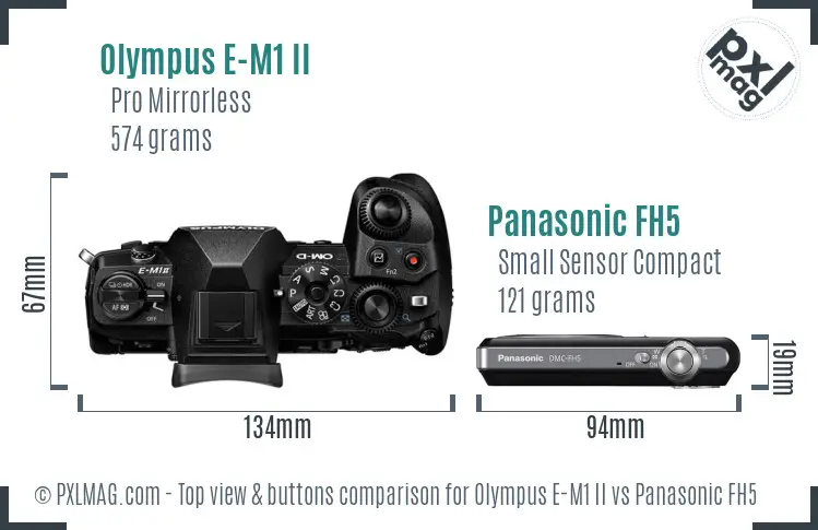 Olympus E-M1 II vs Panasonic FH5 top view buttons comparison