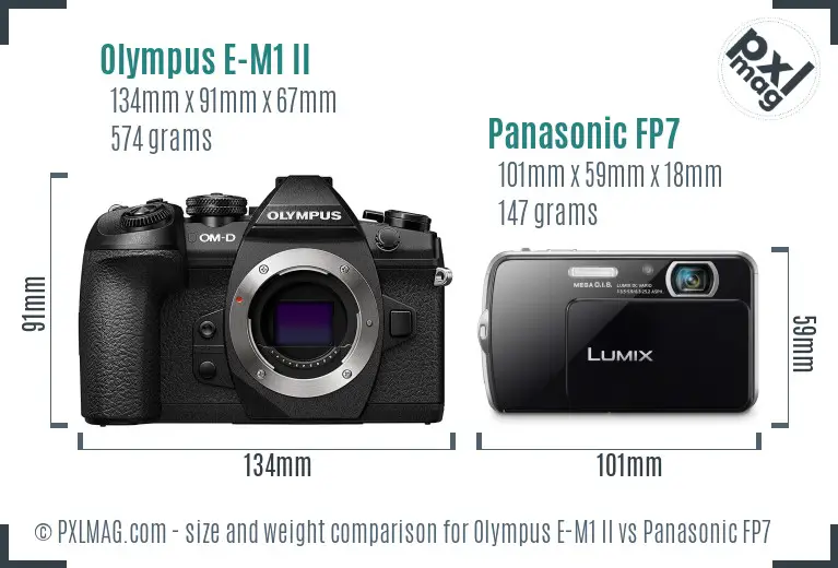 Olympus E-M1 II vs Panasonic FP7 size comparison