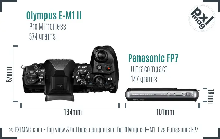 Olympus E-M1 II vs Panasonic FP7 top view buttons comparison