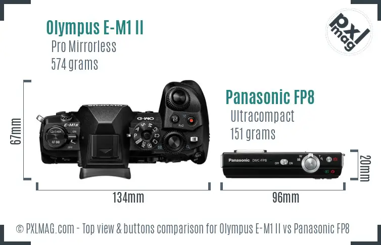 Olympus E-M1 II vs Panasonic FP8 top view buttons comparison