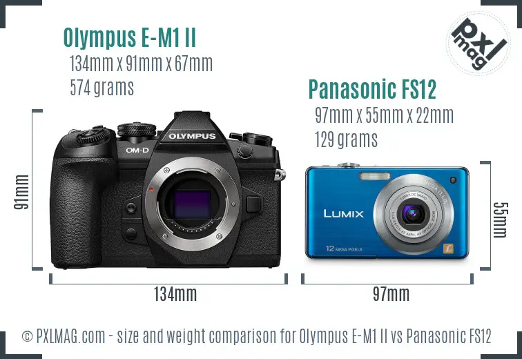 Olympus E-M1 II vs Panasonic FS12 size comparison
