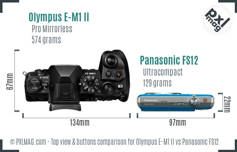 Olympus E-M1 II vs Panasonic FS12 top view buttons comparison