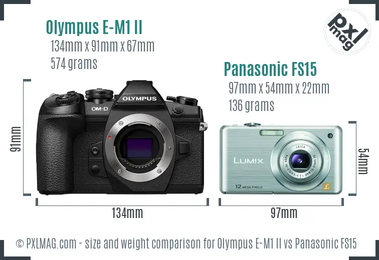 Olympus E-M1 II vs Panasonic FS15 size comparison