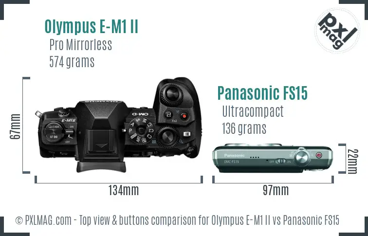 Olympus E-M1 II vs Panasonic FS15 top view buttons comparison