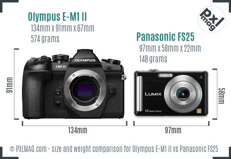 Olympus E-M1 II vs Panasonic FS25 size comparison