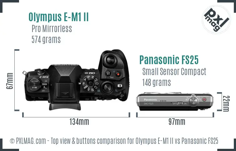 Olympus E-M1 II vs Panasonic FS25 top view buttons comparison