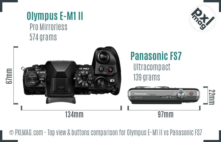 Olympus E-M1 II vs Panasonic FS7 top view buttons comparison