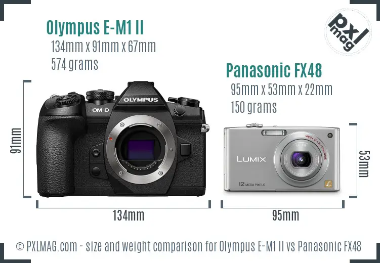 Olympus E-M1 II vs Panasonic FX48 size comparison