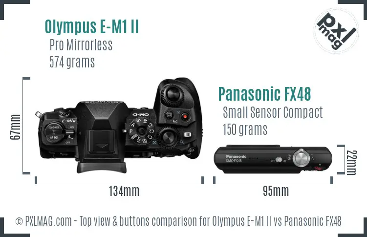 Olympus E-M1 II vs Panasonic FX48 top view buttons comparison
