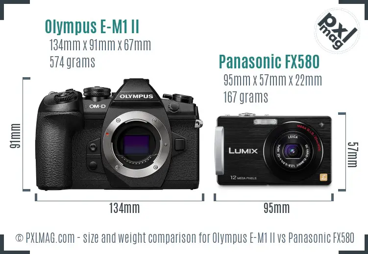 Olympus E-M1 II vs Panasonic FX580 size comparison