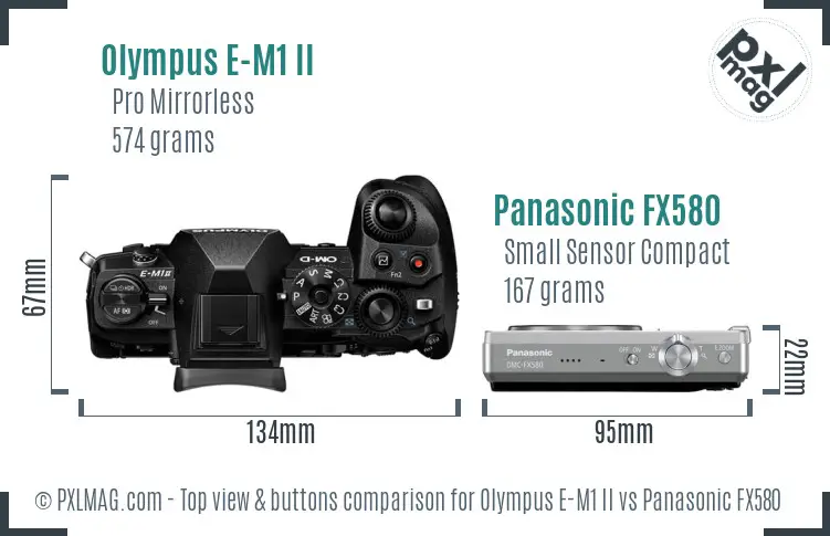 Olympus E-M1 II vs Panasonic FX580 top view buttons comparison