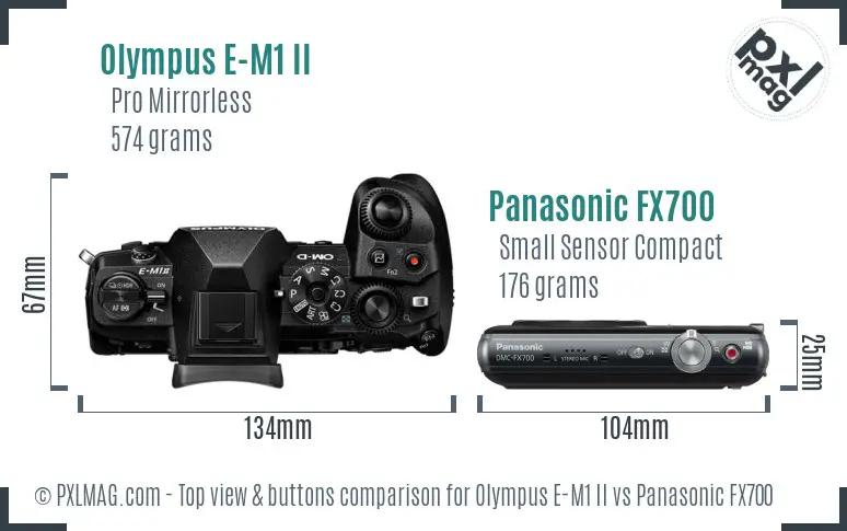 Olympus E-M1 II vs Panasonic FX700 top view buttons comparison