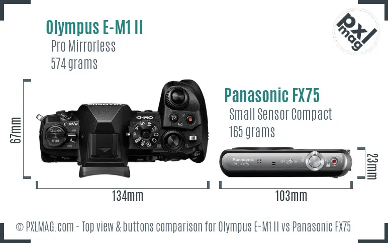 Olympus E-M1 II vs Panasonic FX75 top view buttons comparison