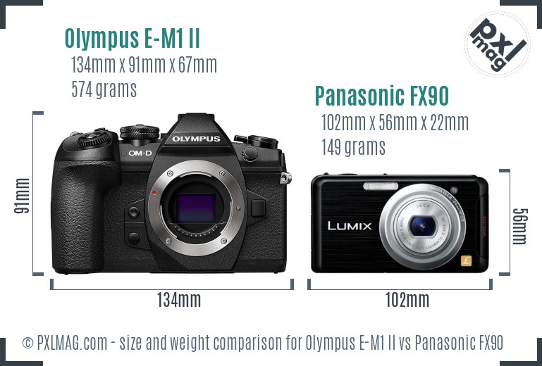 Olympus E-M1 II vs Panasonic FX90 size comparison