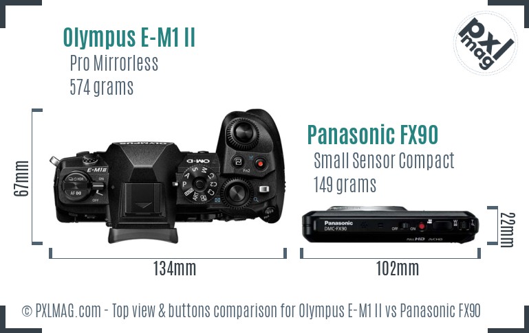 Olympus E-M1 II vs Panasonic FX90 top view buttons comparison