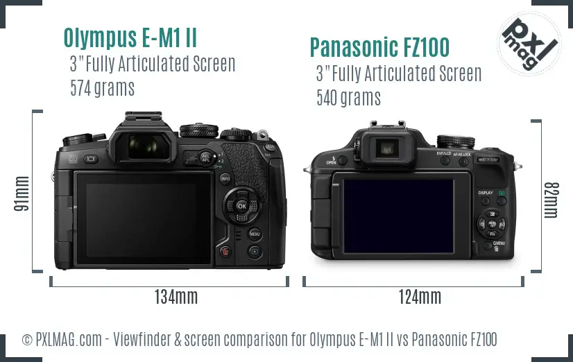 Olympus E-M1 II vs Panasonic FZ100 Screen and Viewfinder comparison