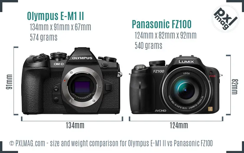 Olympus E-M1 II vs Panasonic FZ100 size comparison