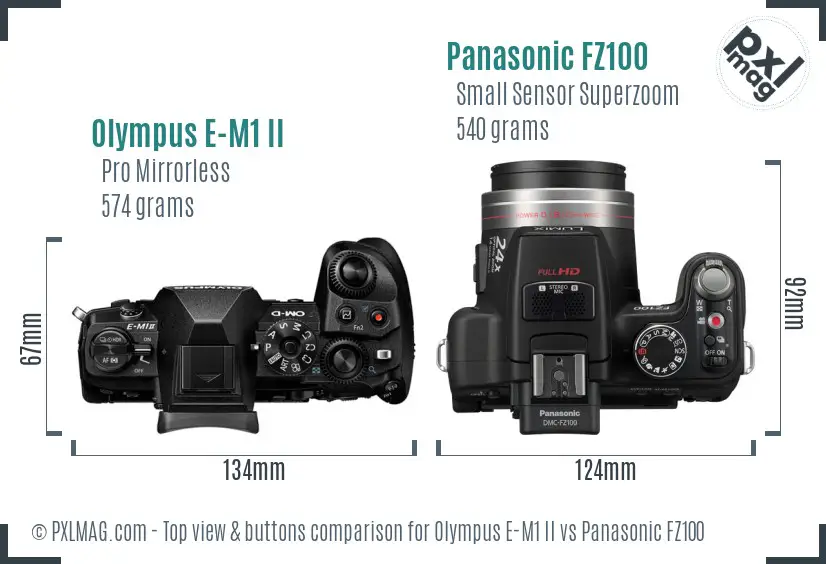 Olympus E-M1 II vs Panasonic FZ100 top view buttons comparison