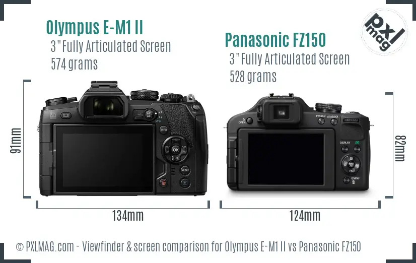 Olympus E-M1 II vs Panasonic FZ150 Screen and Viewfinder comparison