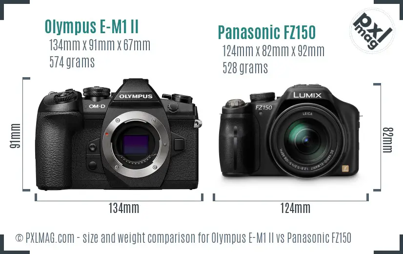 Olympus E-M1 II vs Panasonic FZ150 size comparison