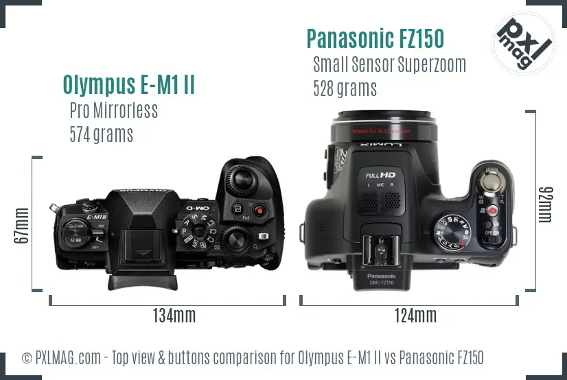 Olympus E-M1 II vs Panasonic FZ150 top view buttons comparison