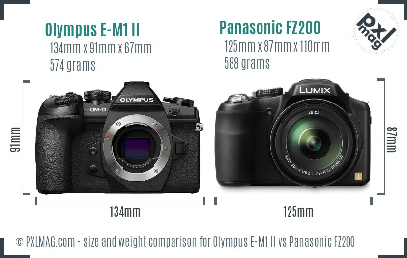 Olympus E-M1 II vs Panasonic FZ200 size comparison