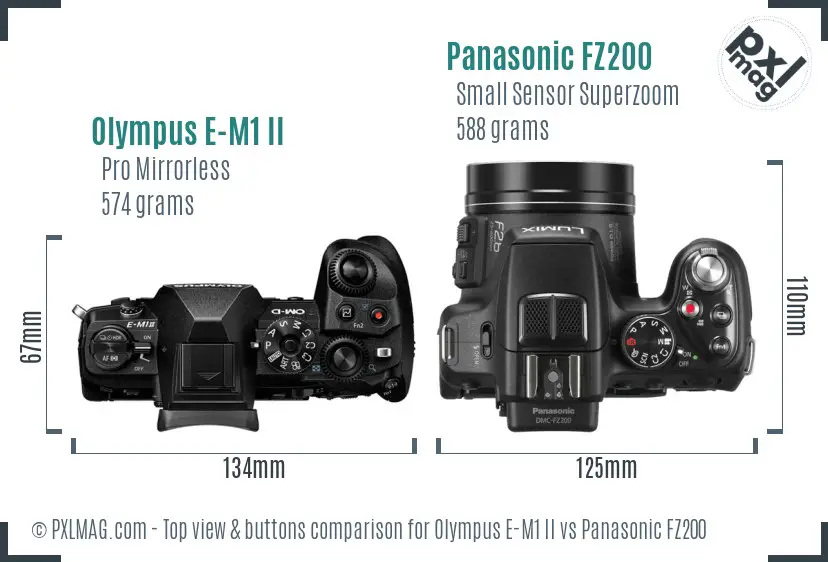 Olympus E-M1 II vs Panasonic FZ200 top view buttons comparison