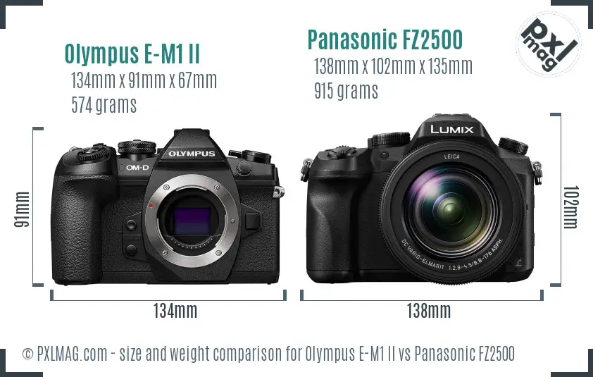 Olympus E-M1 II vs Panasonic FZ2500 size comparison