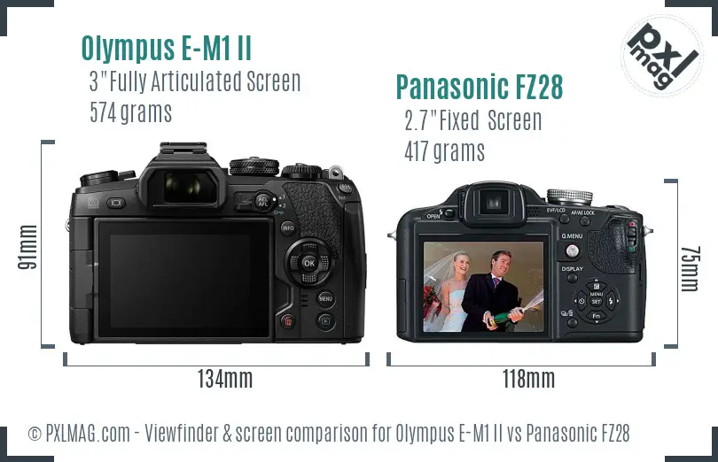 Olympus E-M1 II vs Panasonic FZ28 Screen and Viewfinder comparison