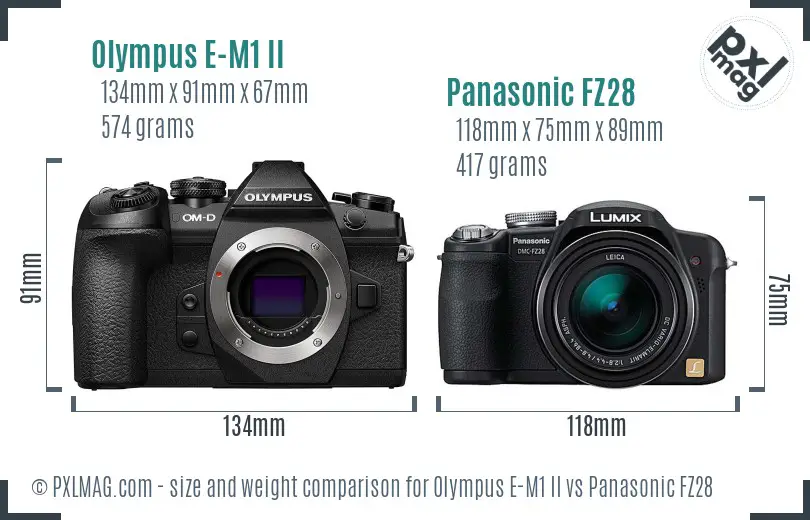 Olympus E-M1 II vs Panasonic FZ28 size comparison