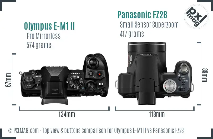 Olympus E-M1 II vs Panasonic FZ28 top view buttons comparison