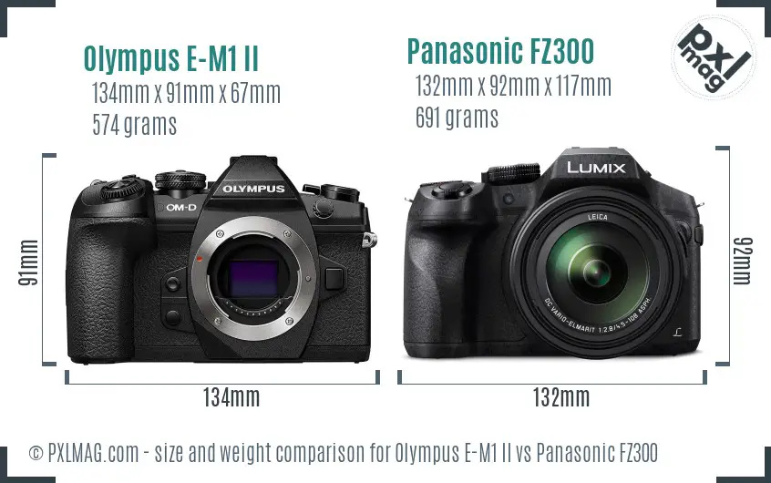 Olympus E-M1 II vs Panasonic FZ300 size comparison
