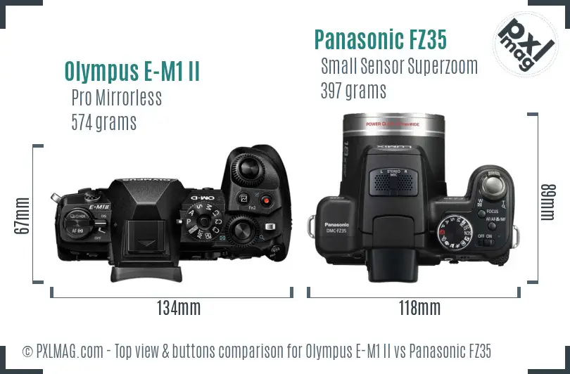 Olympus E-M1 II vs Panasonic FZ35 top view buttons comparison