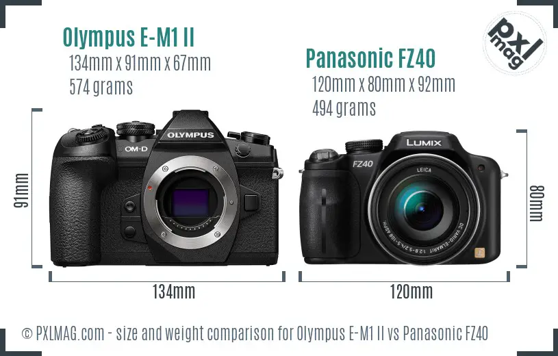 Olympus E-M1 II vs Panasonic FZ40 size comparison