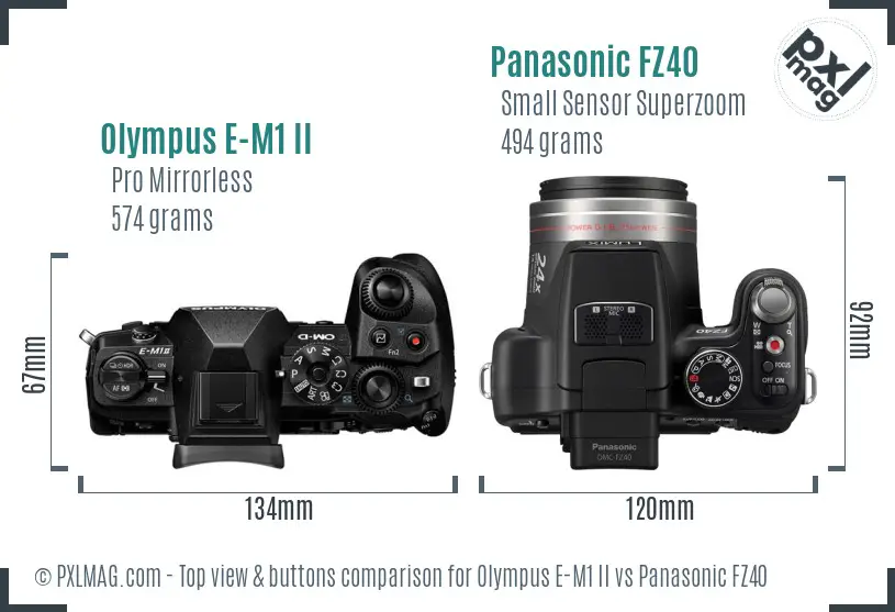 Olympus E-M1 II vs Panasonic FZ40 top view buttons comparison
