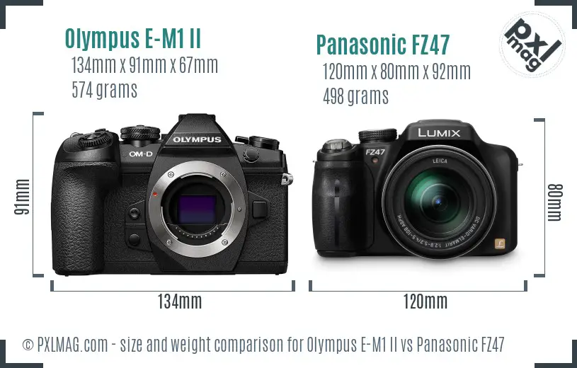 Olympus E-M1 II vs Panasonic FZ47 size comparison