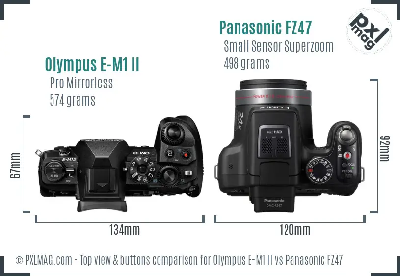 Olympus E-M1 II vs Panasonic FZ47 top view buttons comparison