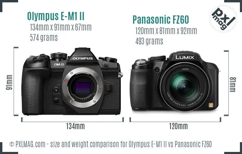 Olympus E-M1 II vs Panasonic FZ60 size comparison