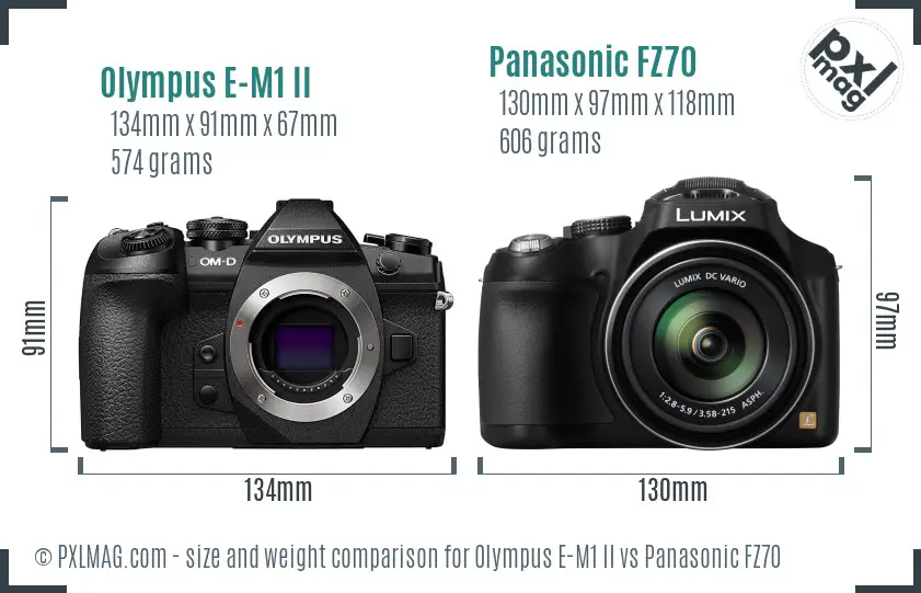 Olympus E-M1 II vs Panasonic FZ70 size comparison