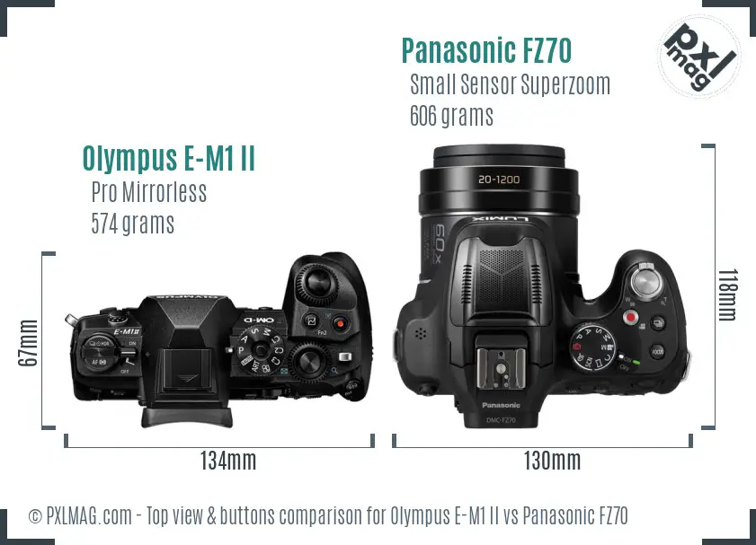 Olympus E-M1 II vs Panasonic FZ70 top view buttons comparison